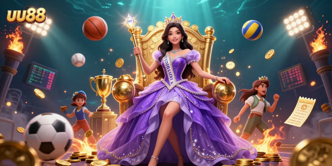 Engage with uu88's dynamic gaming scene featuring a regal woman and vibrant sports elements.