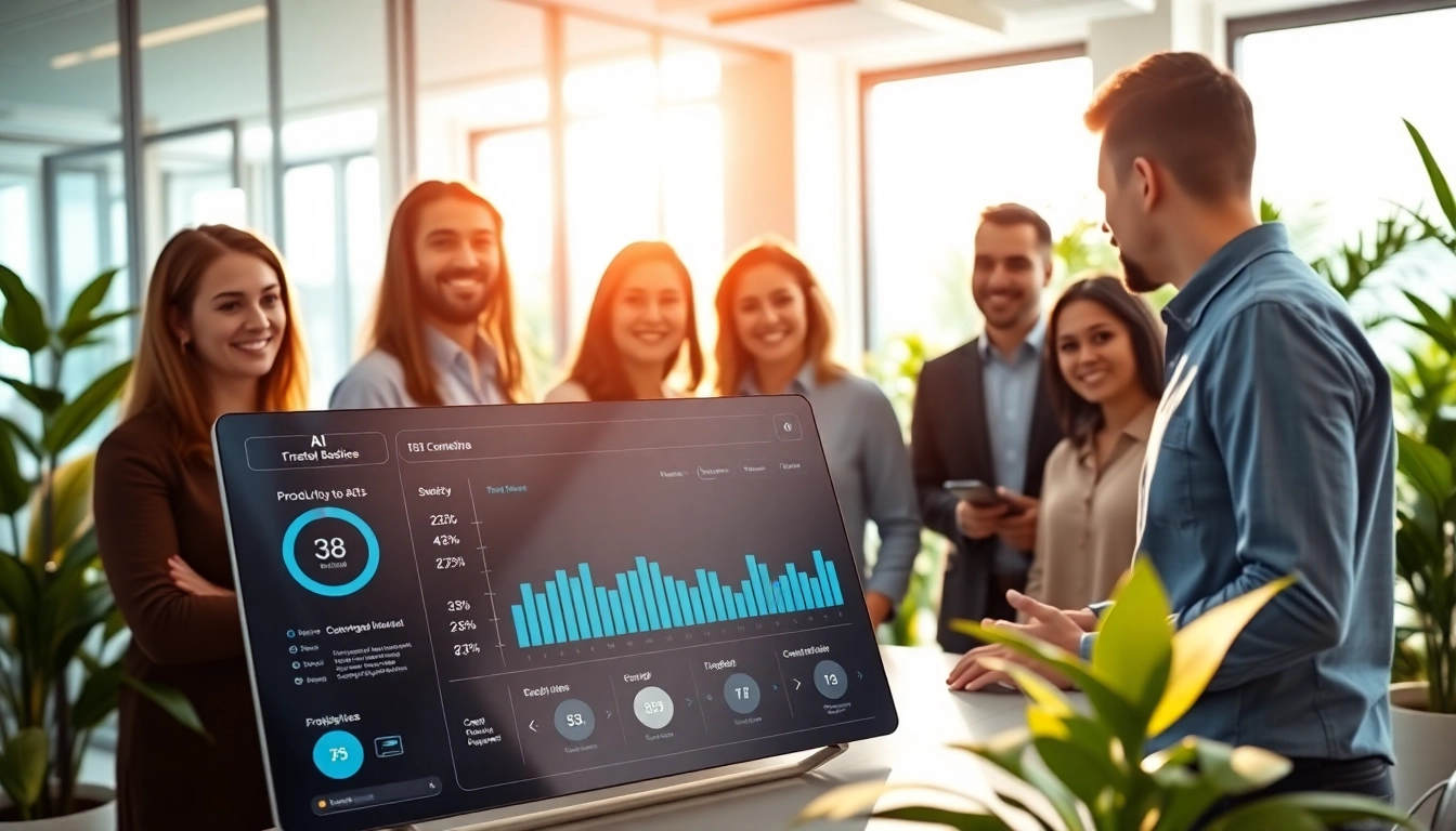 Showcasing an AI assistant for enterprise teams working collaboratively in a modern office.