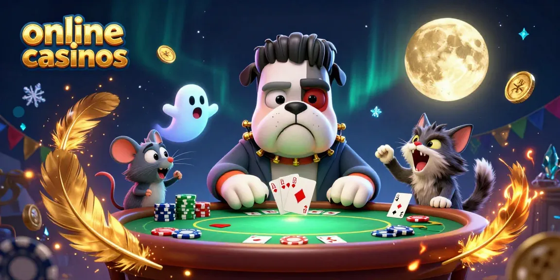 Engage with online casinos as a 3D Frankenstein bulldog deals cards amidst a spooky scene.