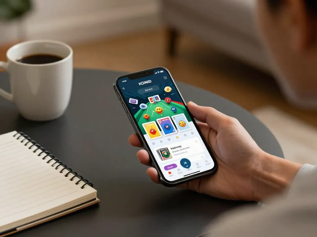 KOINID app displayed on smartphone during online gaming session in a cozy home setting