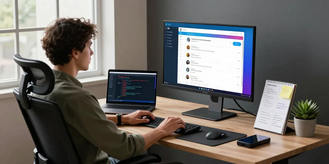 Engineer using Telegram Web Version on large monitor in a modern tech workspace, highlighting collaboration and innovation.