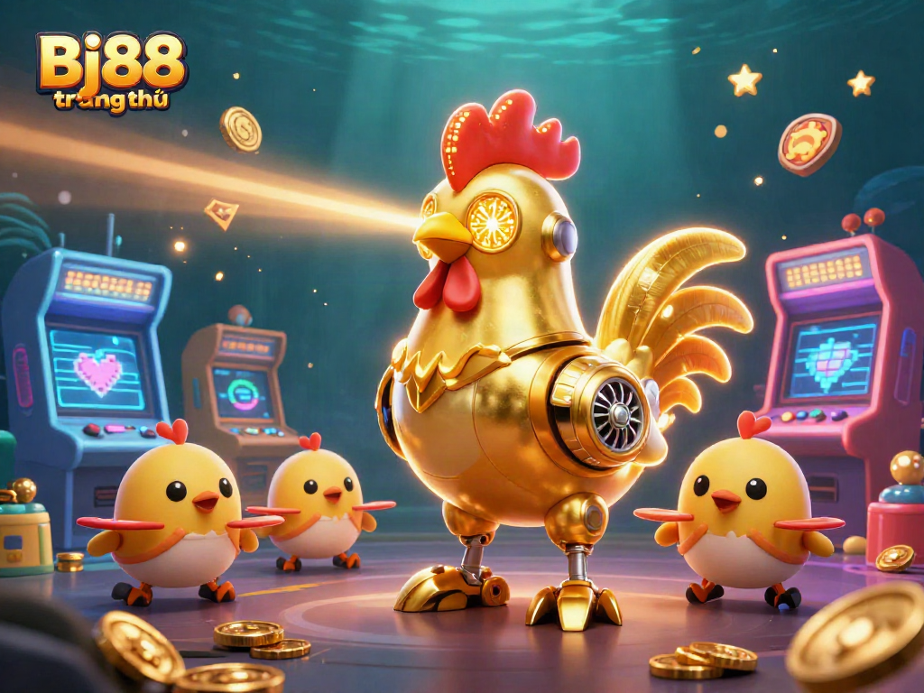 Bj88 trang chủ showcases a golden rooster robot laser-engraving patterns during a vibrant arcade casino scene.