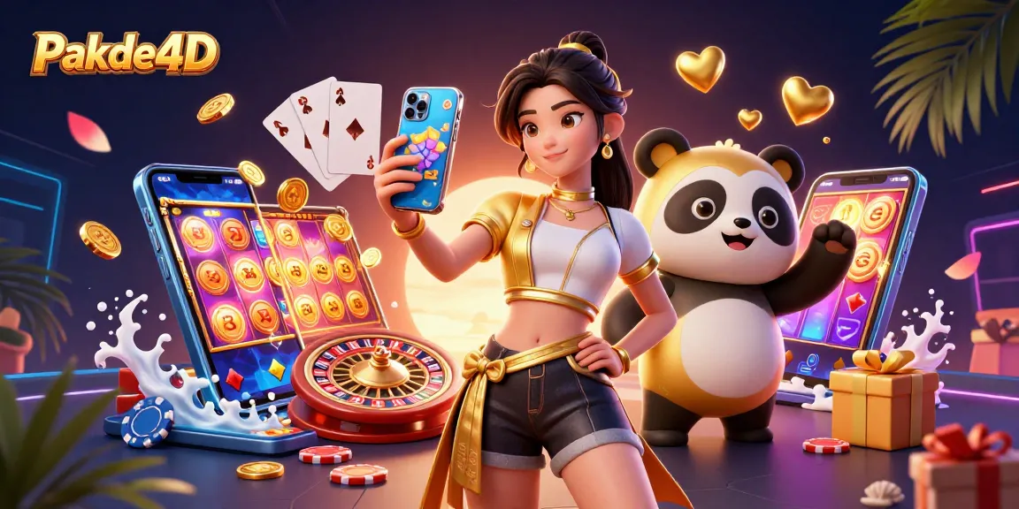 Engage with Pakde4D's vibrant online casino atmosphere featuring an elegant player and golden panda mascot.