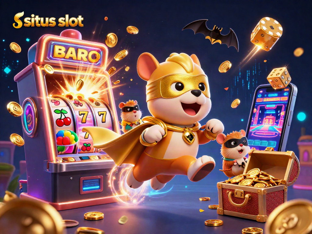 Win big with situs slot as a superhero dog and hamster celebrate a jackpot explosion in a vibrant casino.