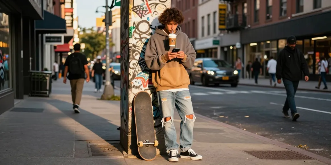 Street fashion scene featuring an individual checking their smartphone near https://shs-dome5.com/, showcasing urban culture.