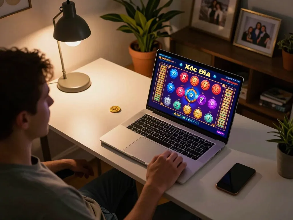 Xóc Đĩa online gameplay displayed on a modern laptop, showcasing engaging betting options and a cozy gaming atmosphere.