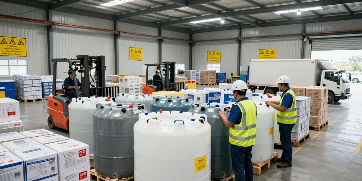 Warehouse scene illustrating industrial chemicals wholesale with workers inspecting containers and safety measures in place.