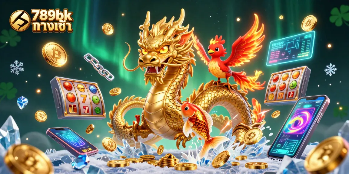 Win big with 789bk ทางเข้า in a vibrant 3D casino illustration featuring a dragon and phoenix.