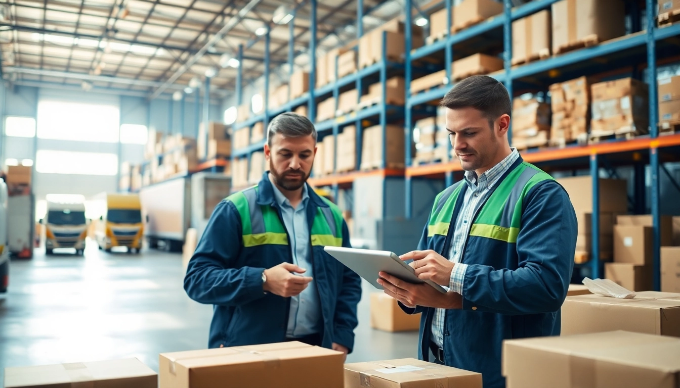Visualize logistics professionals coordinating operations in a modern warehouse.