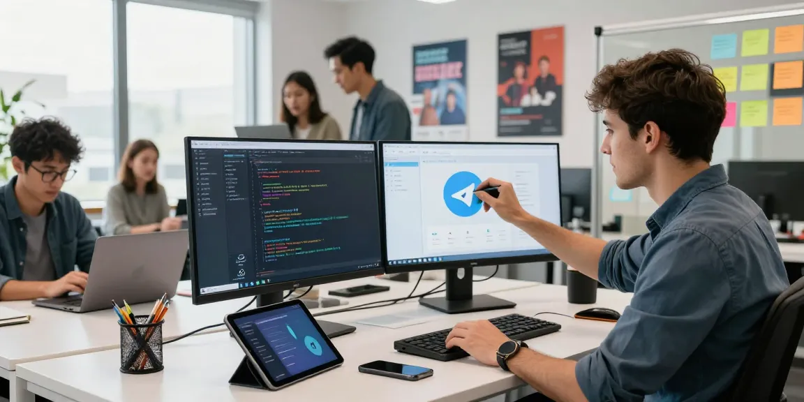 Customizing telegram中文版 app in a vibrant collaborative tech workspace.