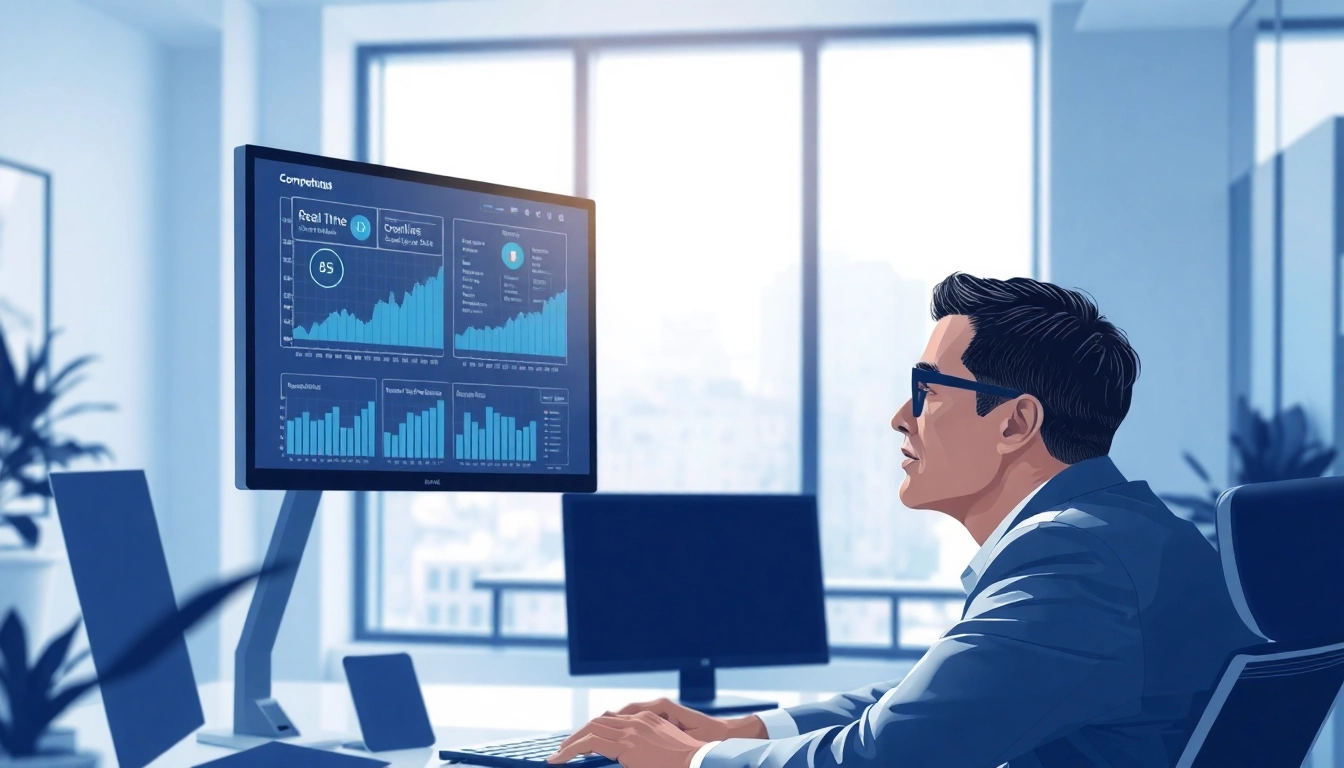 An illustration visualizing AI for competitor analysis in a modern office setting.