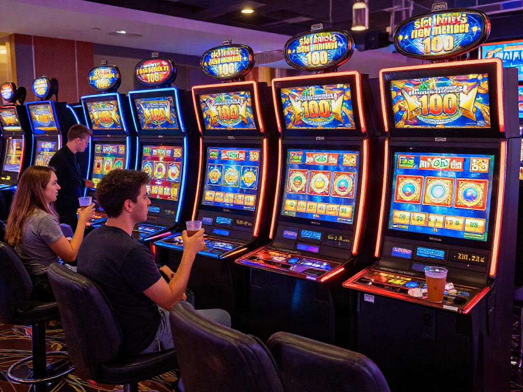 Exciting casino scene showcasing players using slot bonus new member 100 perks at vibrant slot machines.