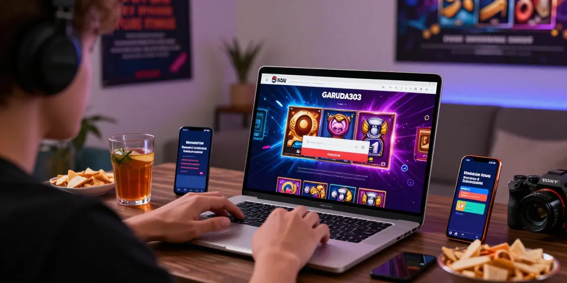 Engaging user at Garuda303 login on gaming laptop with vibrant graphics.