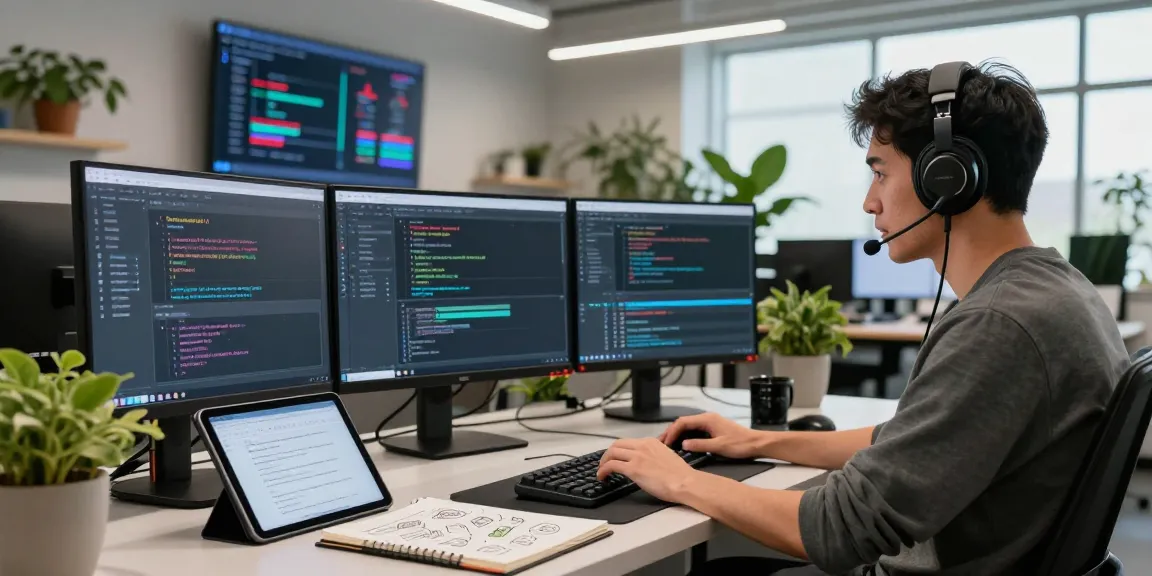Kobold AI developer coding in a modern tech workspace with multiple screens, showcasing advanced AI interaction.