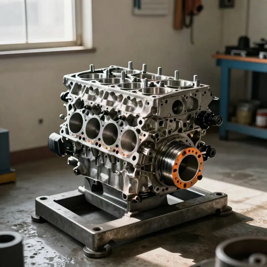 Stripped diesel engine on a cradle with machined block face, fresh studs, pistons, and light oil haze.