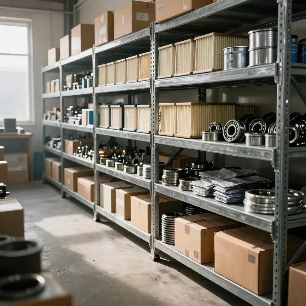 OEM filters, bearings, and gasket kits line galvanized shelving in a bright industrial parts bay