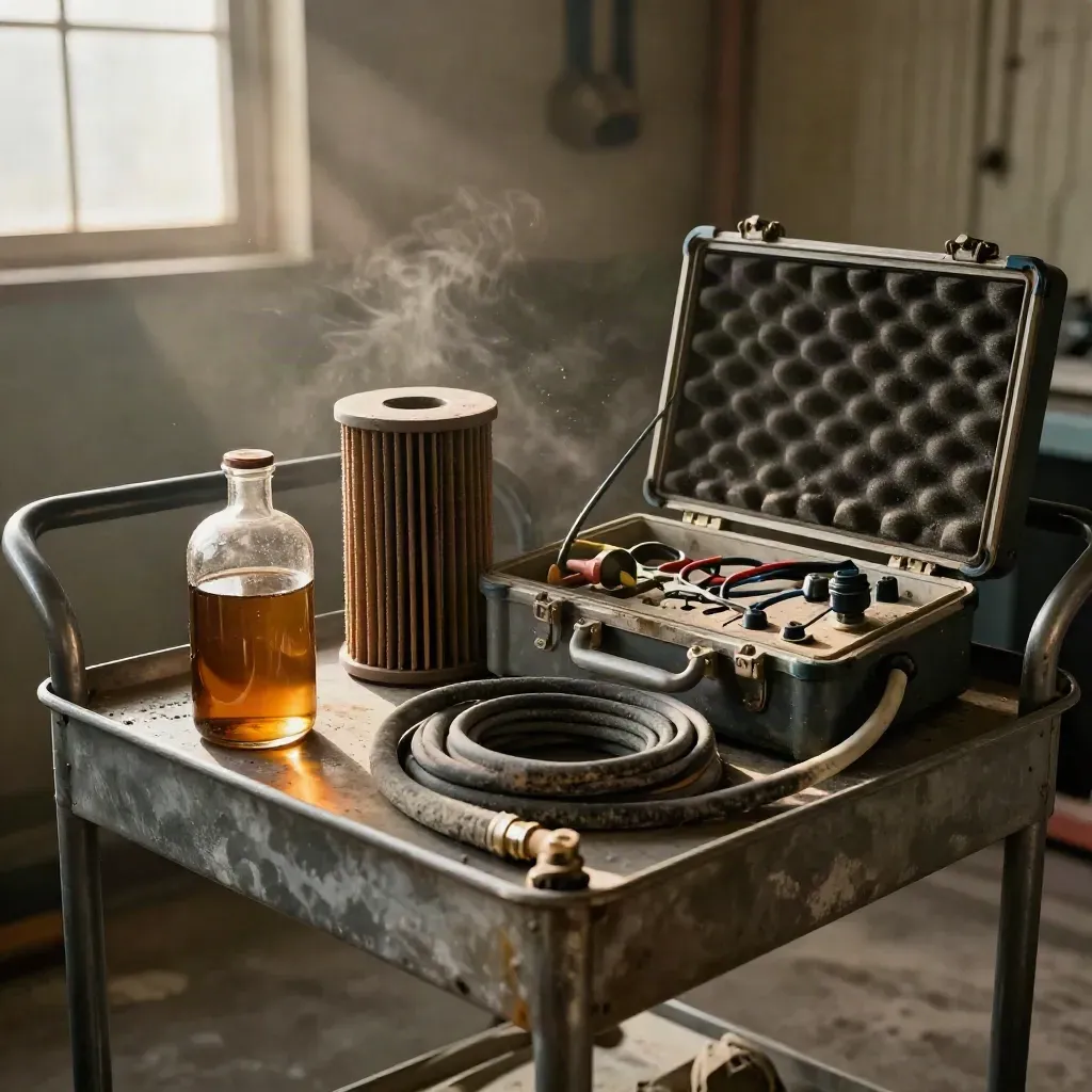 Oil vials, a soot-darkened filter, hose loop, and diagnostic case on a steel cart in warm workshop light.