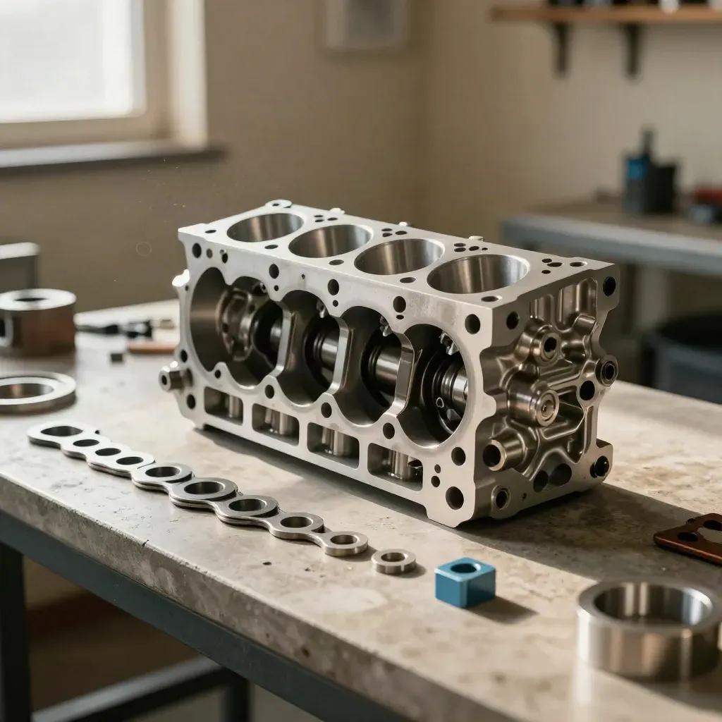 Engine design layout with crankshaft, head casting, intercooler core and gaskets on a concrete bench.