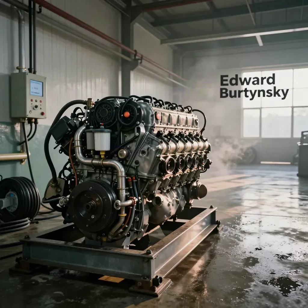 Rebuilt diesel engine bay on a wet service hall floor, mist and side light, open space to the right.