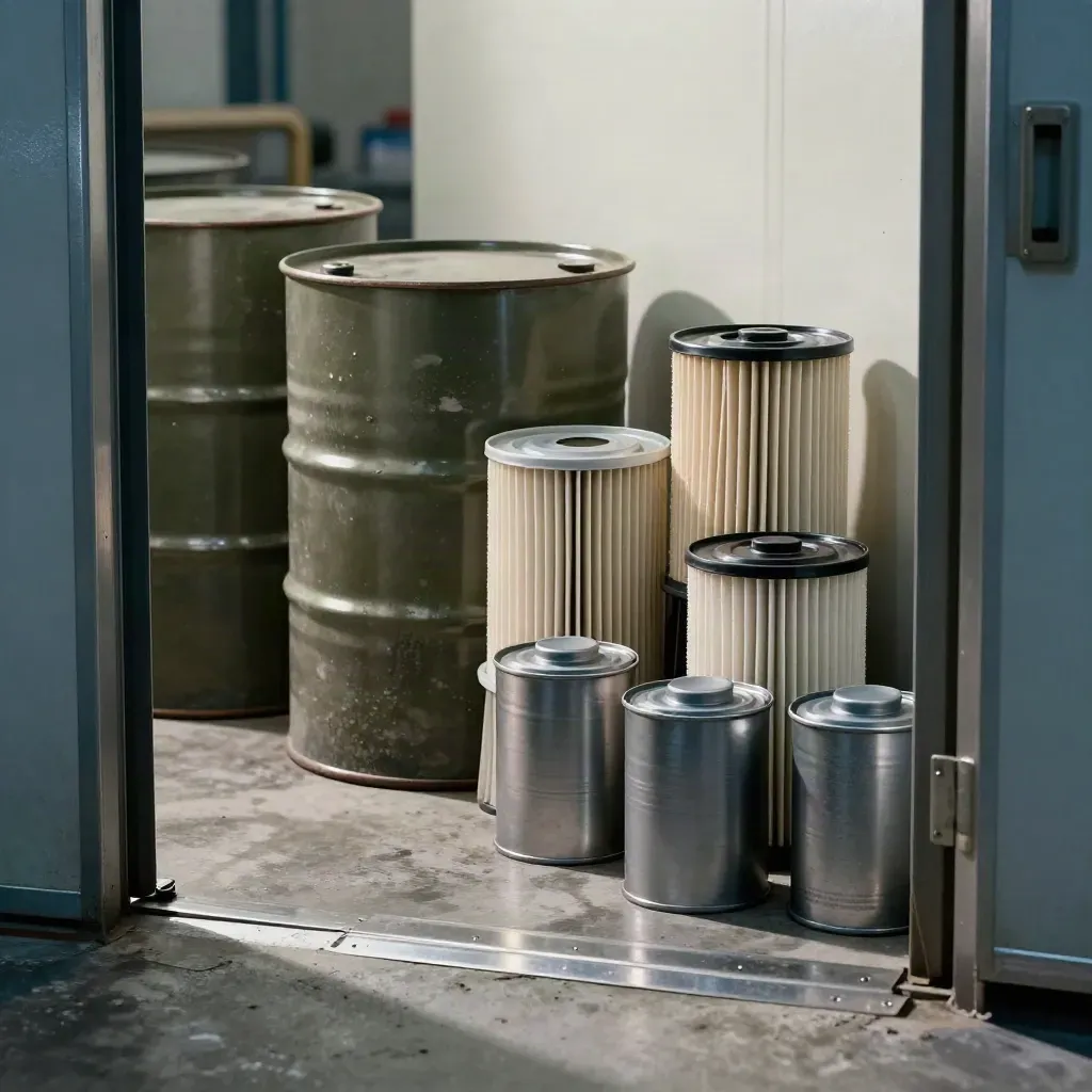 Macro of sealed maintenance cans and filter cases in a hazy plant corridor