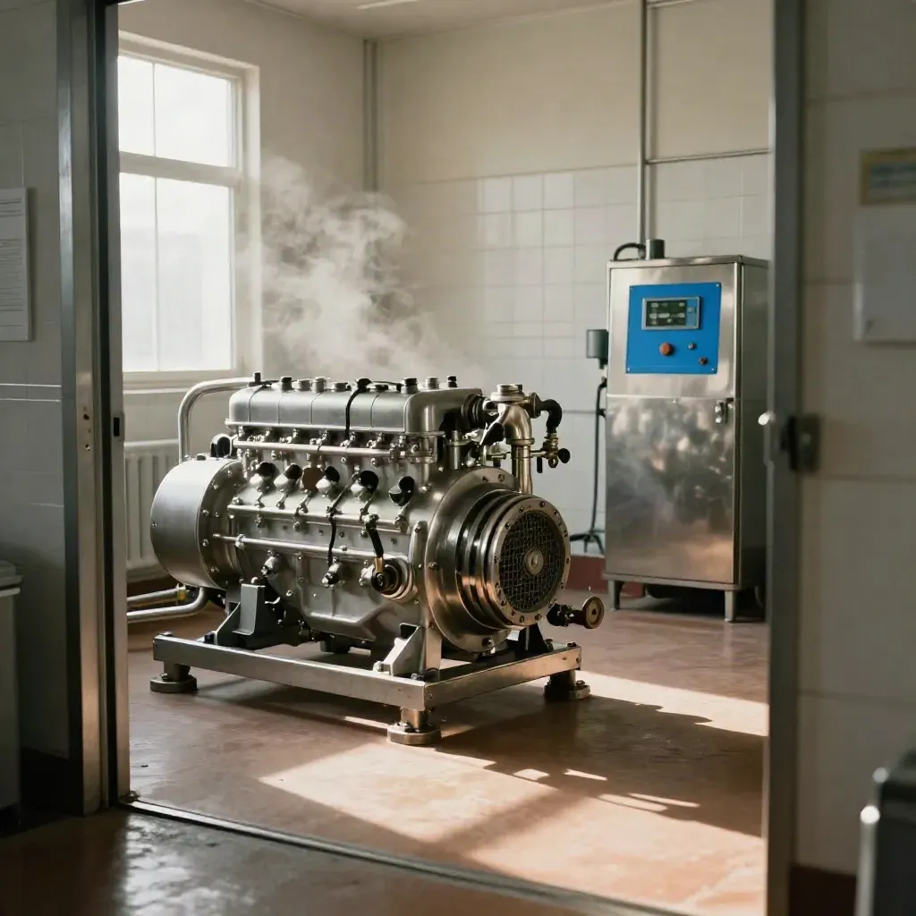 Rebuilt food-plant pump skid running steadily in a stainless utility room, steam and polished pipework