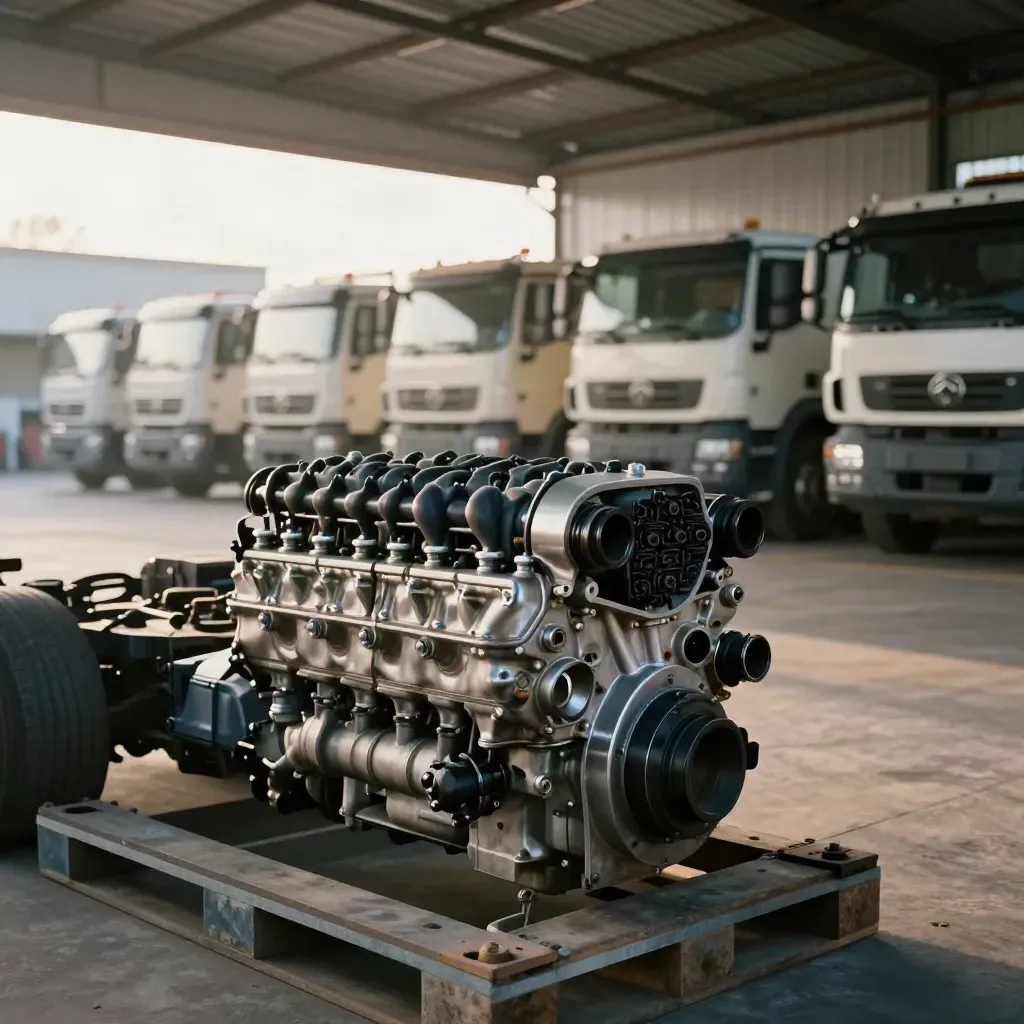 Rebuilt truck engines staged under a warehouse canopy in a dusty fleet yard at dawn.