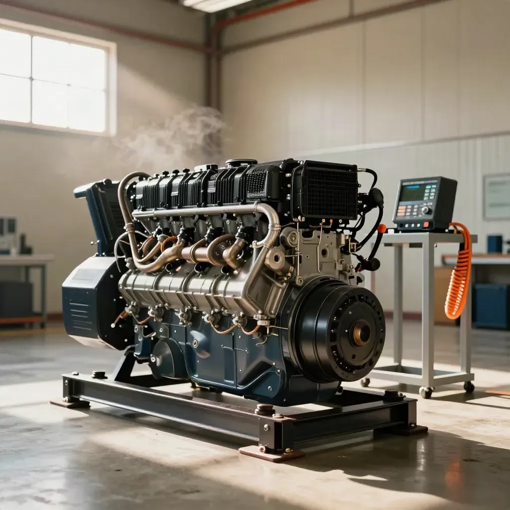 New genset engine beside load-bank frame in a sunlit commissioning bay, exhaust steam rising.