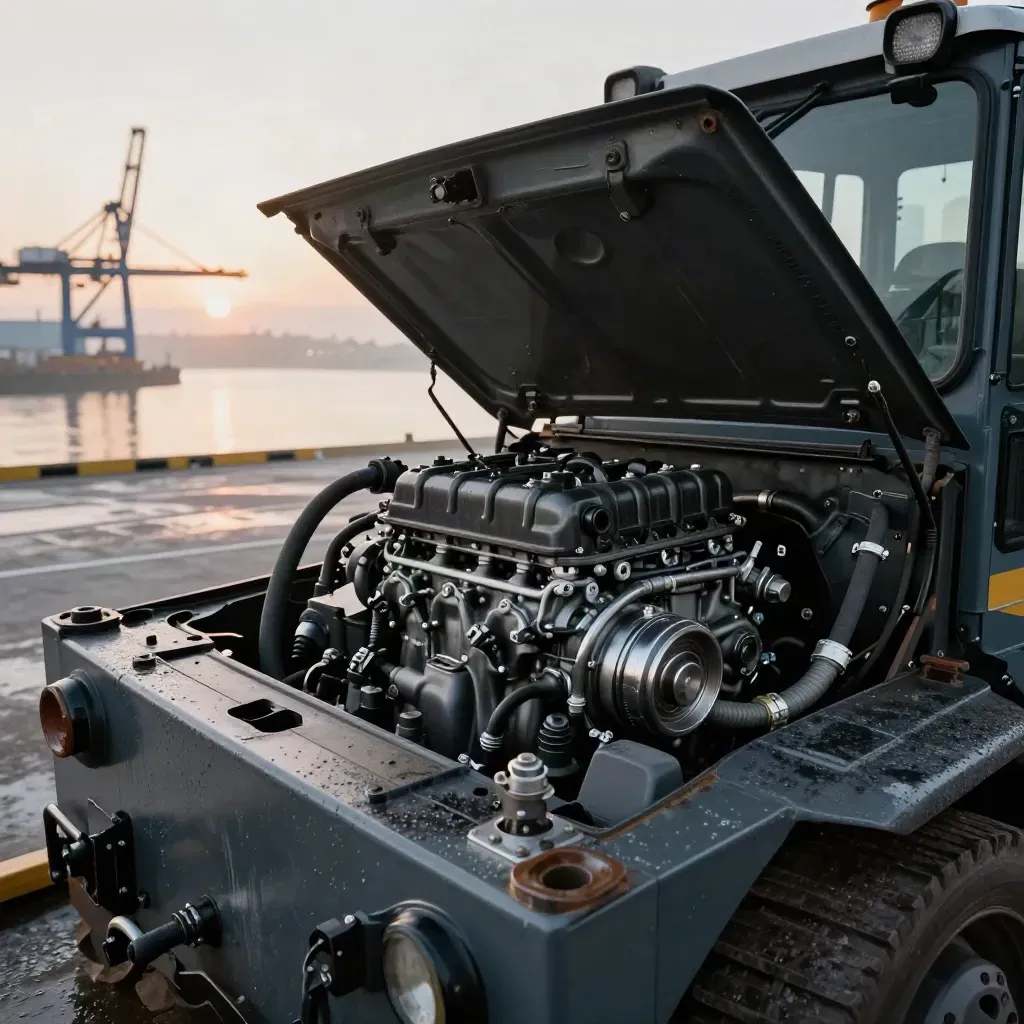 Container handler with open engine bay at dawn, wet quay and harbor haze behind.