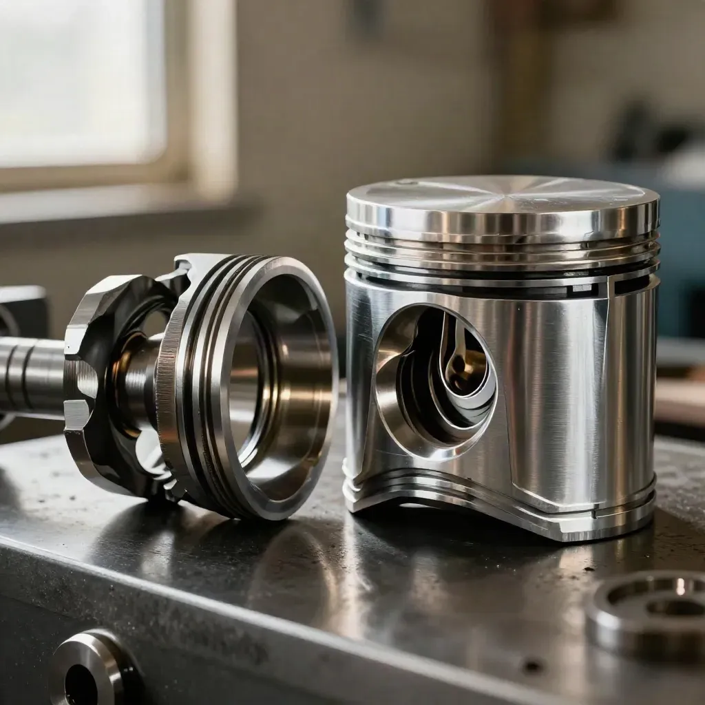 Macro still life of camshaft, piston cross-section, gasket stack and alloy housing on a dark engine bench.