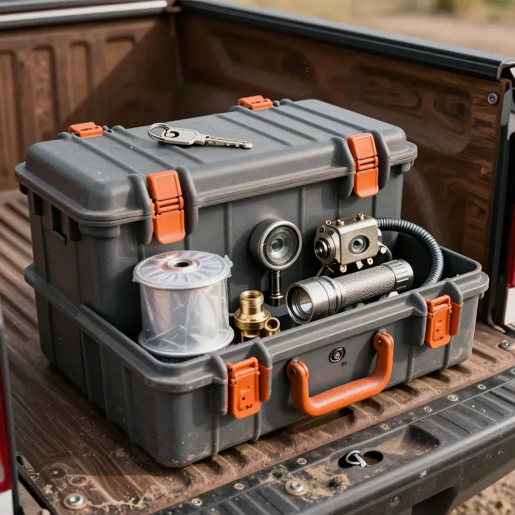 Field service kit on a truck tail shelf with case, filter, sensor, flashlight and hose fittings.
