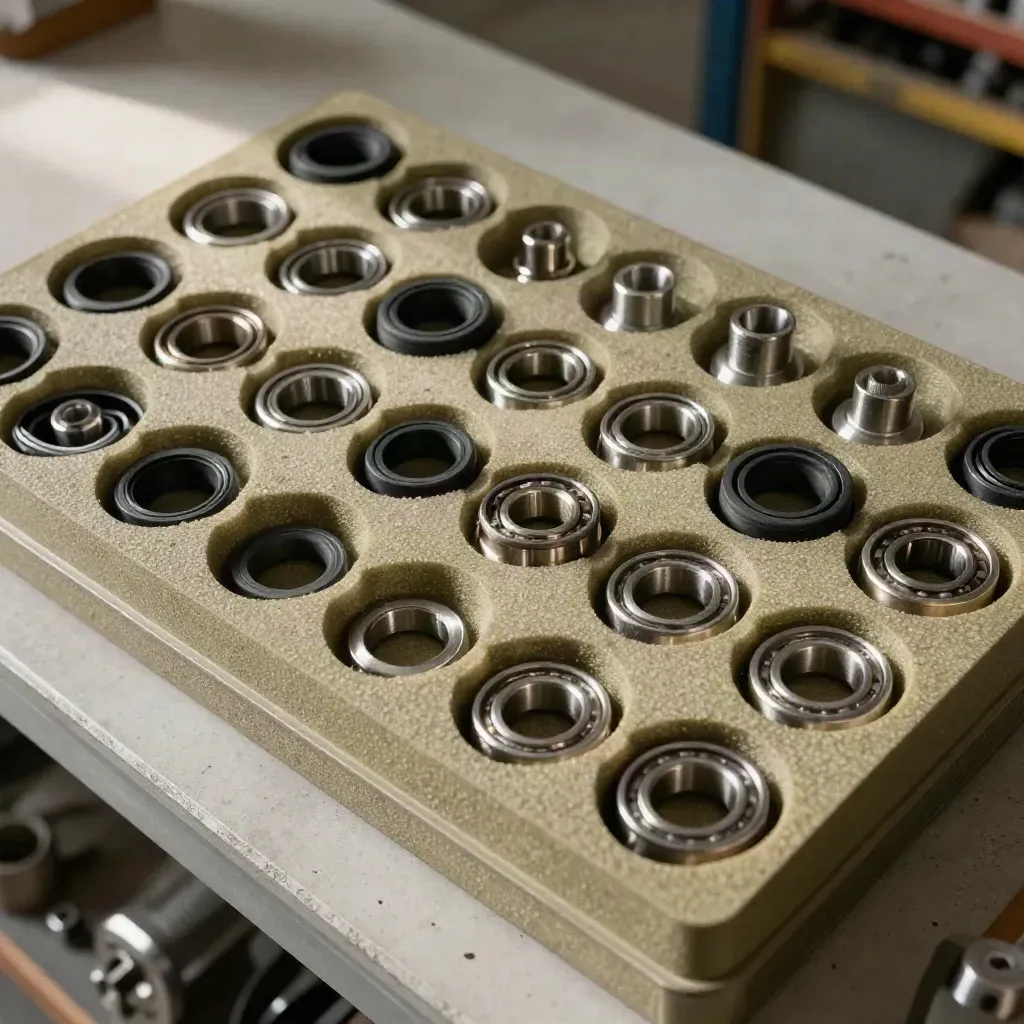 Top-down macro of engine seals, bearing shells, and spacers packed in a khaki foam tray.