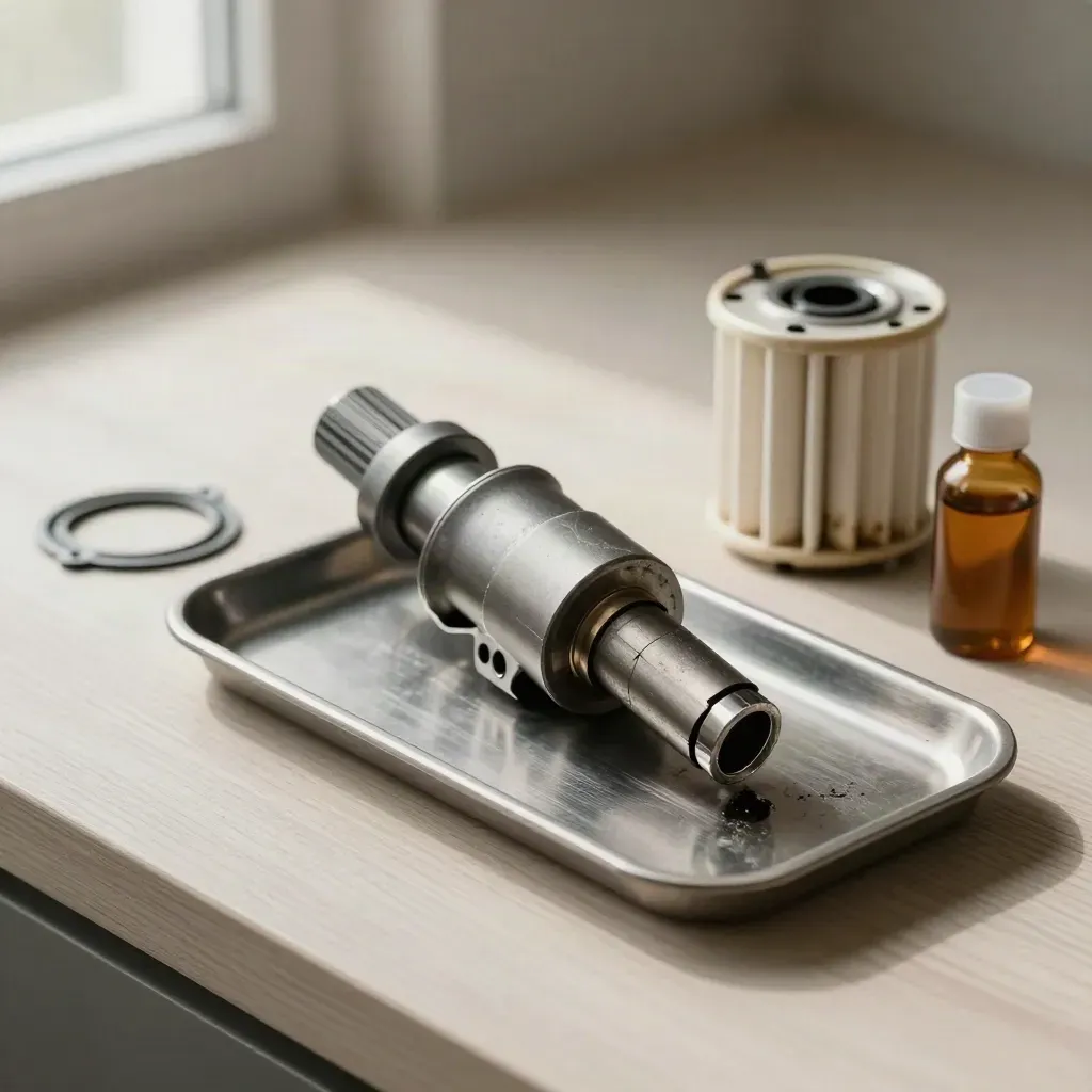 Top-down of a cracked injector nozzle with fuel filter, gasket ring and sample vial on a metal tray.