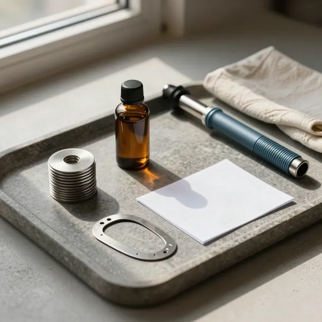 Borescope, oil sample bottle, valve shims and gasket sheet on a stone tray with a blurred quote card.