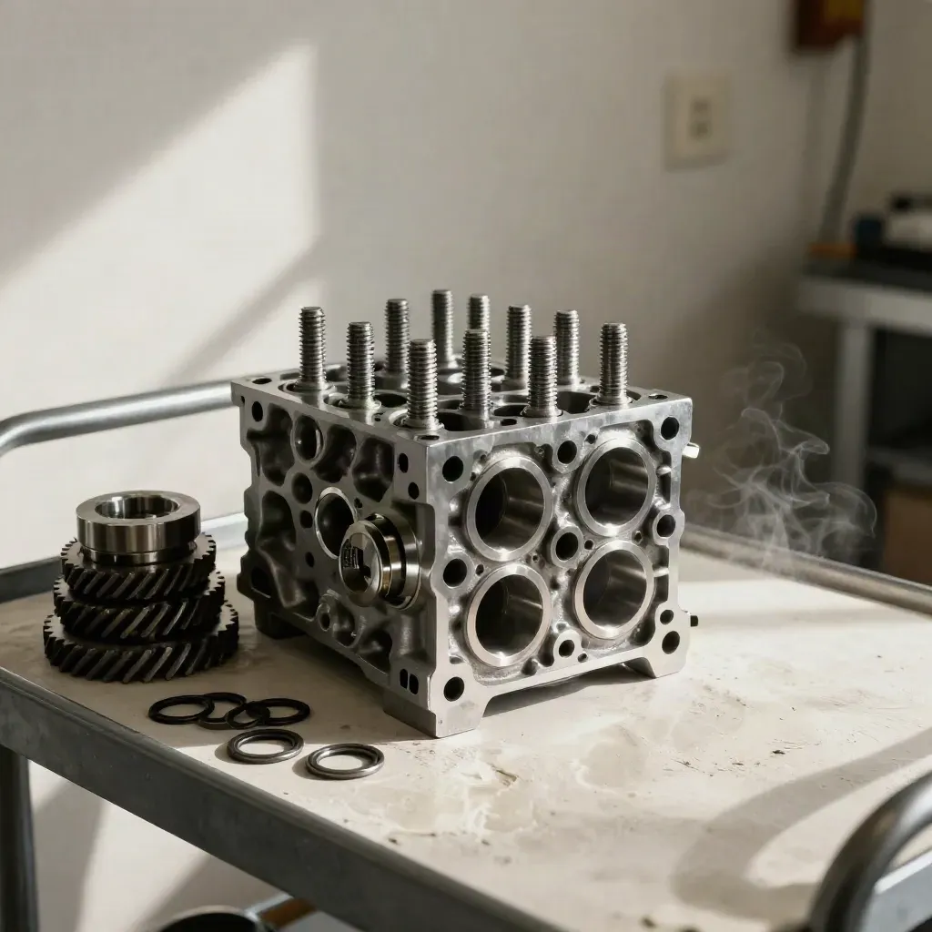 Rebuilt cylinder head, studs, gears and seals on a service cart in soft workshop light