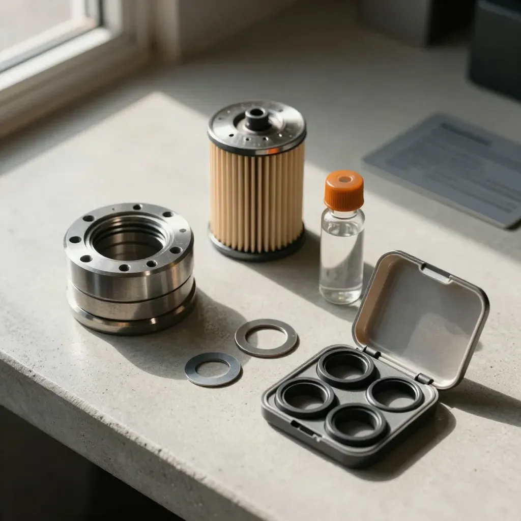 Overhead industrial flatlay of a coupling, oil filter, sample vial and seal kit on pale concrete.