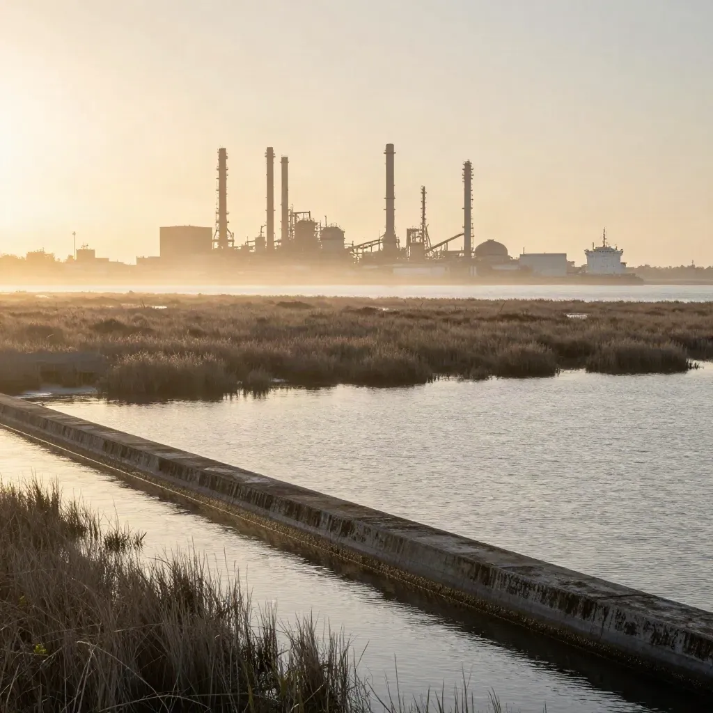 Sunrise over Galveston Bay with refinery silhouettes, marsh water, and ship-channel structures
