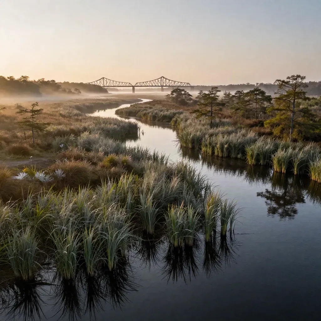 Mist over cypress wetlands with a distant steel bridge at dawn