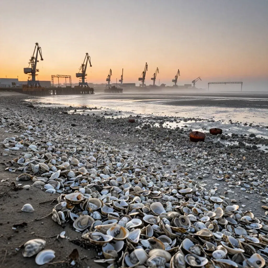 Oyster-shell shoreline at sunrise with harbor cranes in salt mist.
