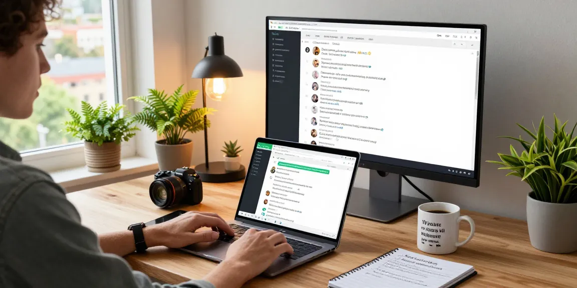 Using WhatsApp電腦版 in a modern home office with a laptop and tech gadgets.