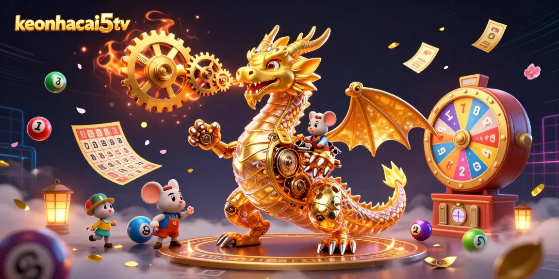 Experience thrilling gameplay at keonhacai5tv with a mesmerizing lottery-themed illustration featuring vibrant game elements.