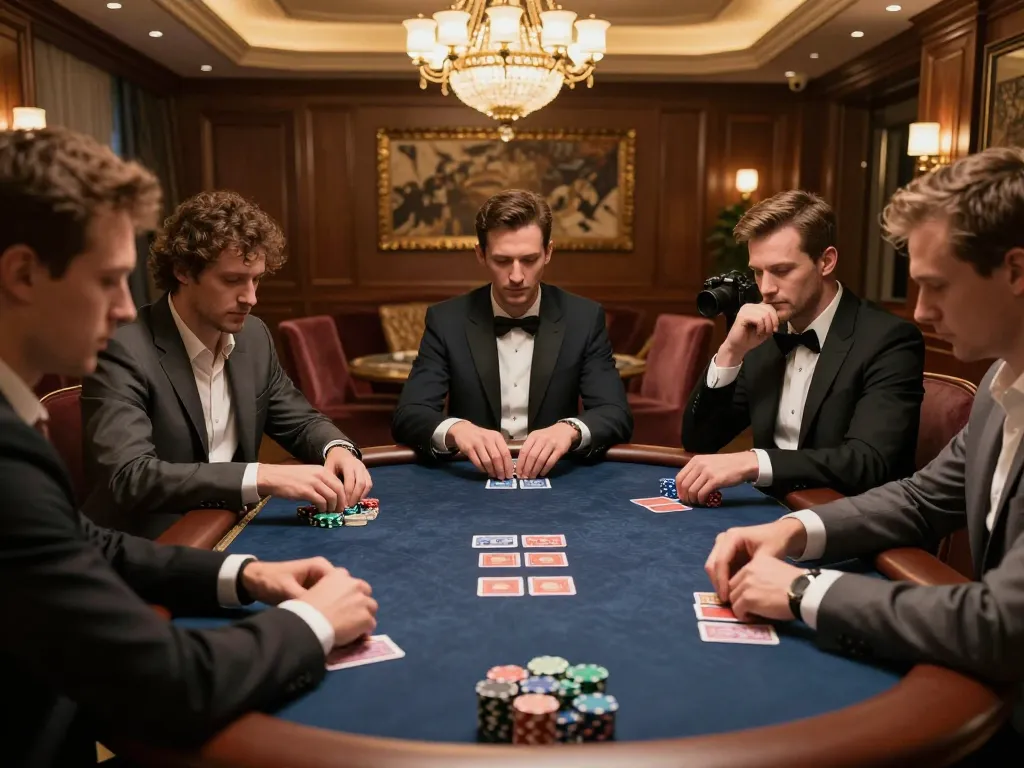 A poker game in an upscale atmosphere showcasing players engaged in strategic gameplay at 888top.