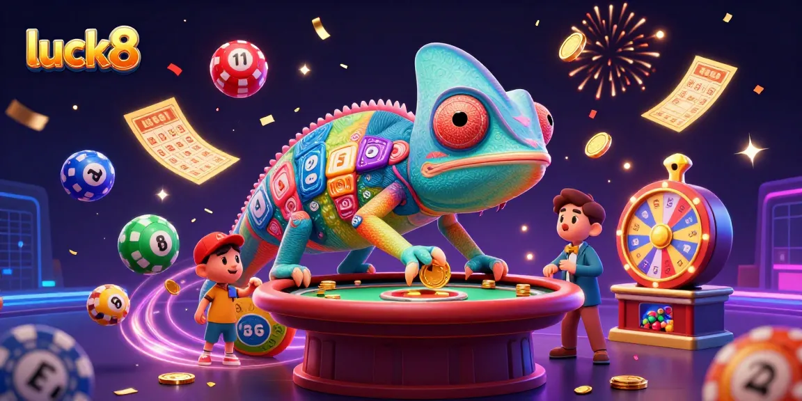 luck8 chameleon casino owner capturing golden coins, surrounded by gambling elements in a vibrant scene