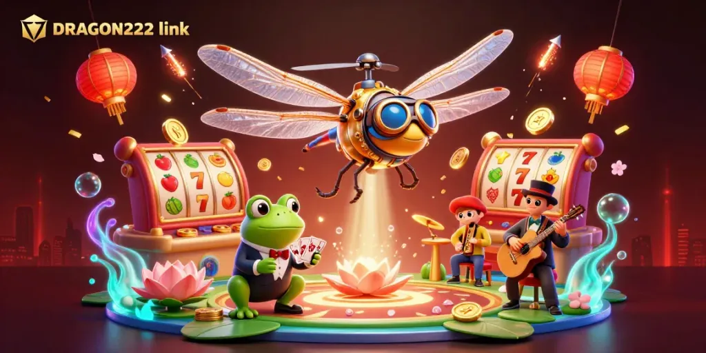 Experience thrilling gameplay with the DRAGON222 link in a vibrant casino scene featuring slot reels and energized characters.