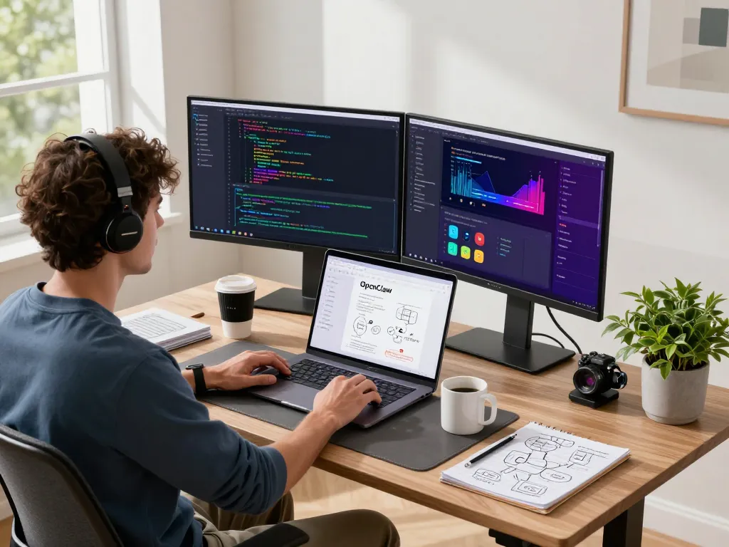 OpenClaw AI assistant project in a modern tech workspace with vibrant code and analytics.