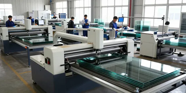 Glass machine manufacturers operating in a busy factory, showcasing cutting and polishing machines.