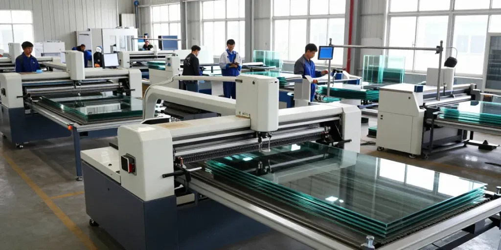 Glass machine manufacturers operating in a busy factory, showcasing cutting and polishing machines.