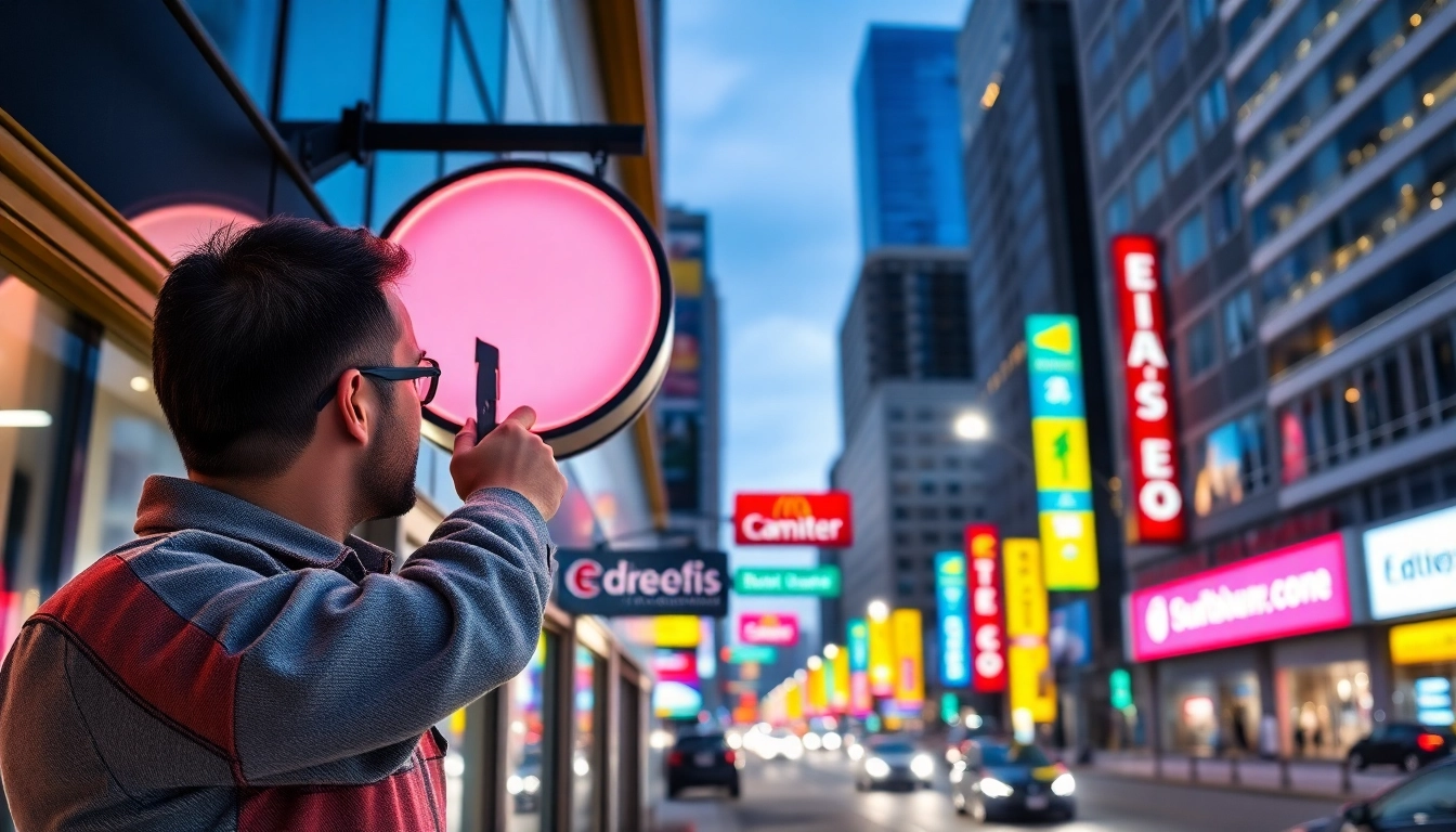 Showcasing professionals at a sign company edmonton installing vibrant signage in an urban setting.