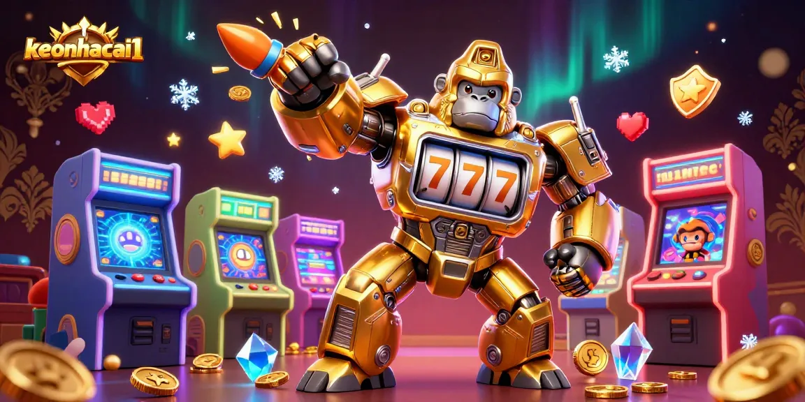 Experience keonhacai1's thrilling casino adventure with a transformer-style golden gorilla mech surrounded by colorful gaming elements!