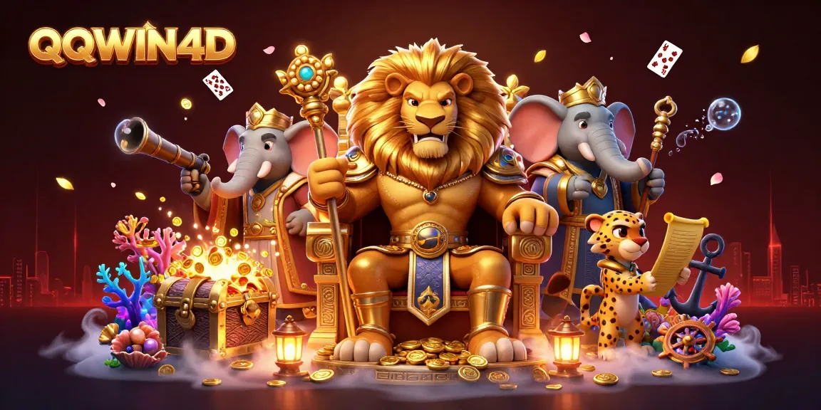 QQWIN4D menang dalam permainan kasino dengan karakter raja singa dan kejutan harta