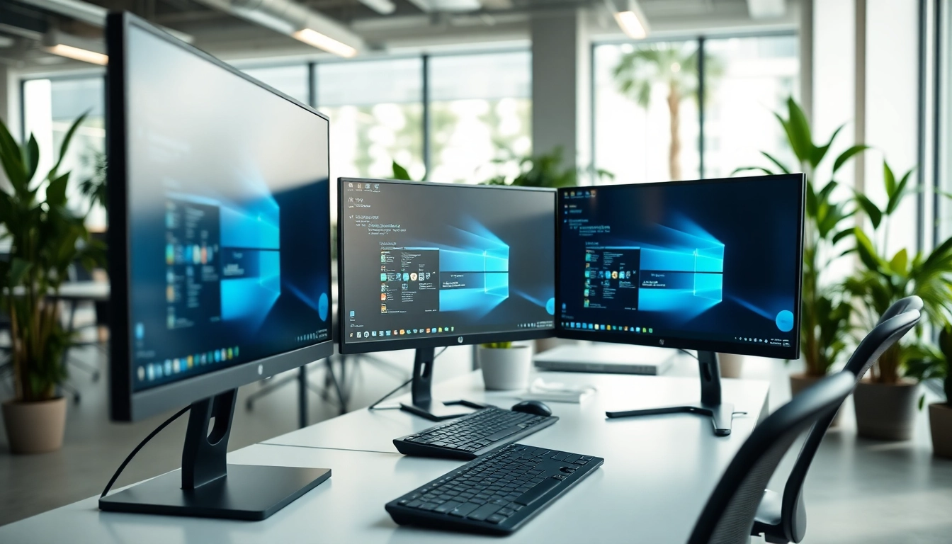 Showcasing Virtual Desktop Infrastructure (VDI) in a professional office with multiple virtual desktops displayed.